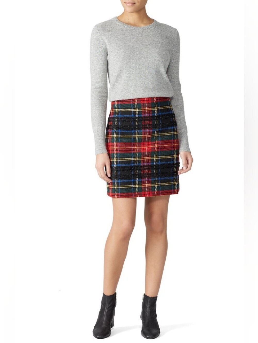 J. Crew Red Green Tartan Plaid Black Sparkle Stripe Wool Blend Mini Skirt
